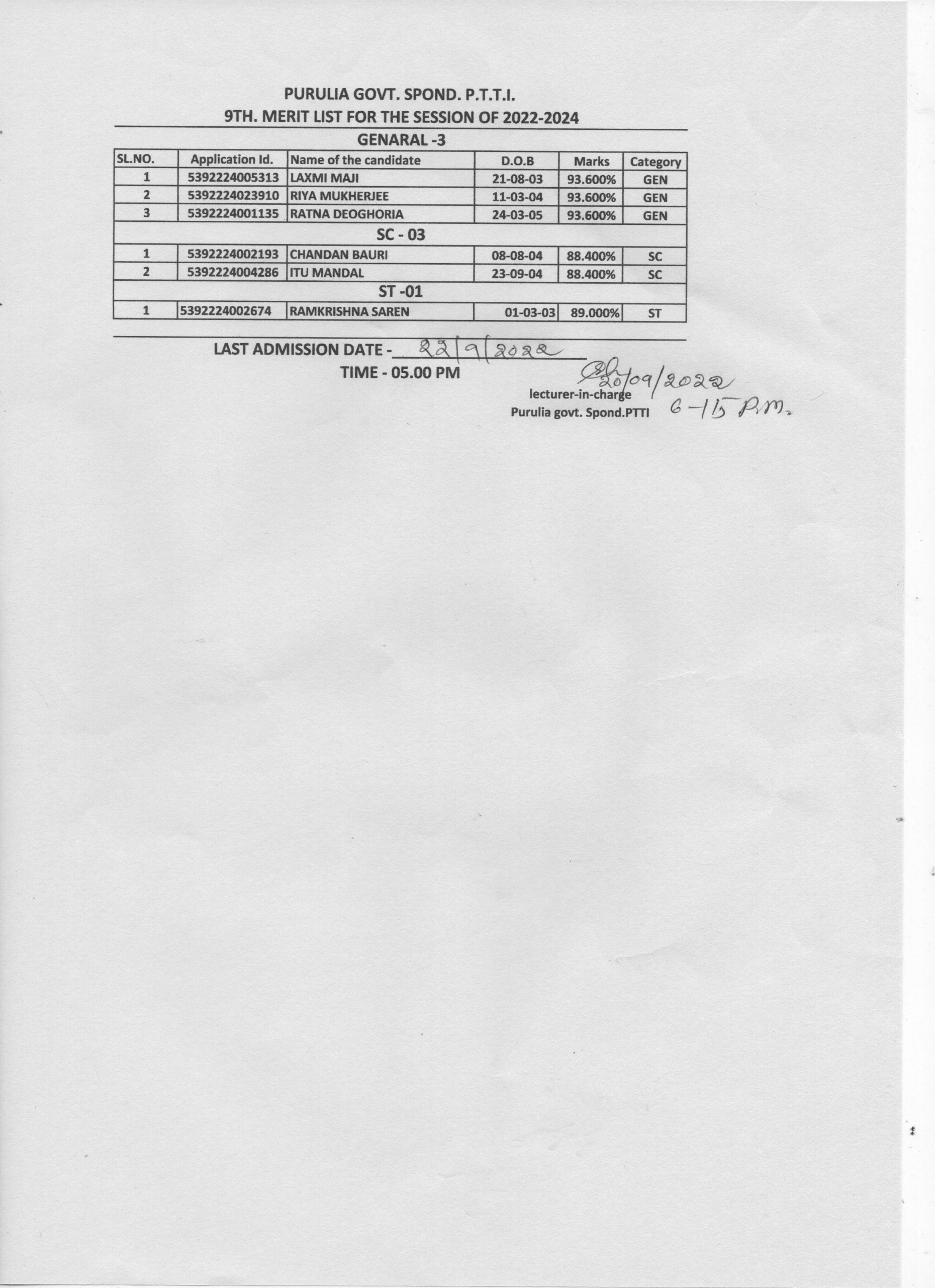 9th merit list for admission of 20222024 , last date of admission 22